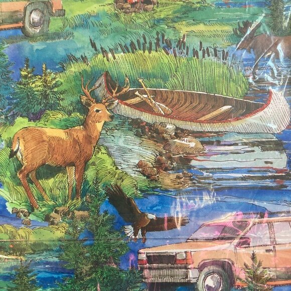 Vintage American Greetings Nature Scene Gift Wrap Canoe Bear Camping Deer - Picture 4 of 5